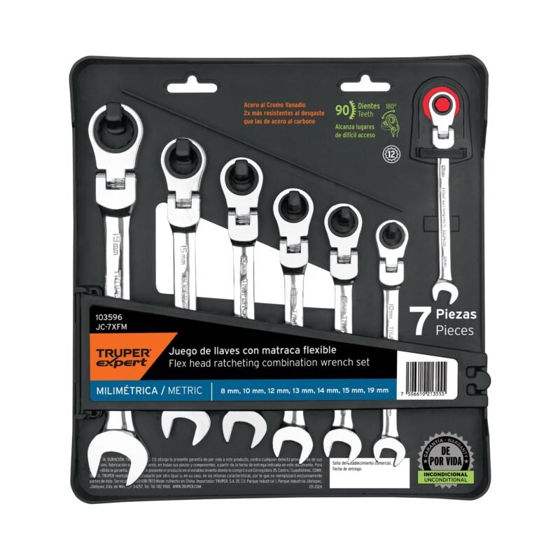 Código: 103596 Juego de 7 llaves combinadas mm con matraca flexible JC-7XFM
