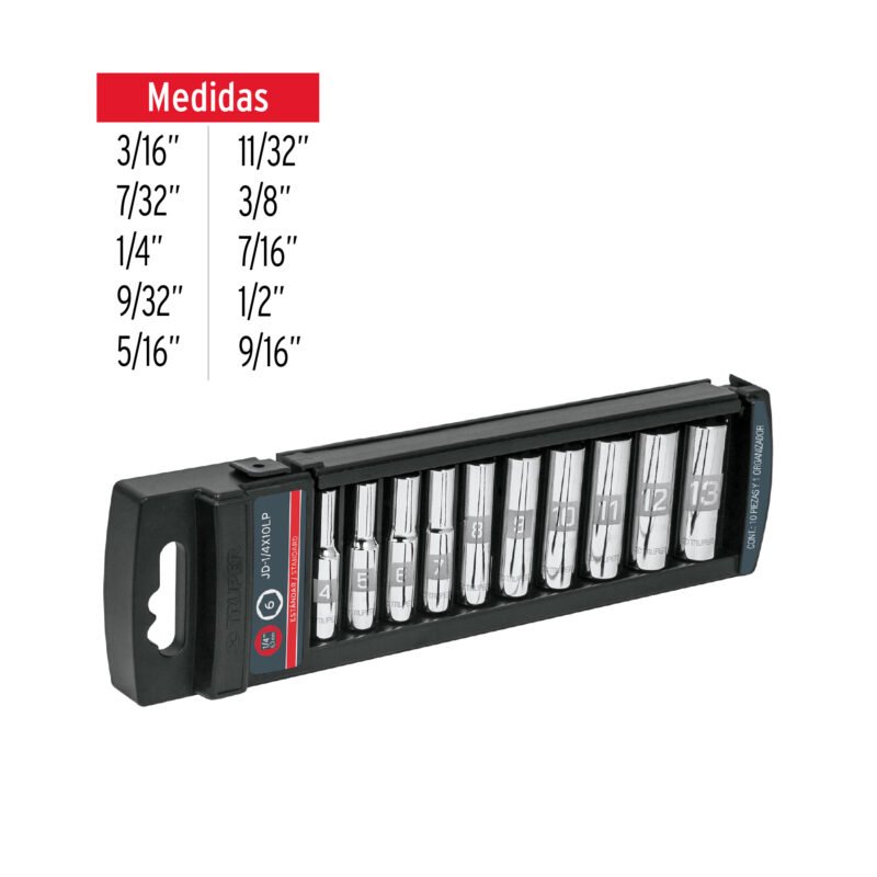 JD-1-4X10LPFC2.jpg Código: 14167 Juego de 10 dados largos cuadro 1/4' std, Truper JD-1-4X10LP