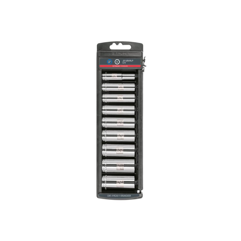 JD-3-8X9LP.jpg Código: 14172 Juego de 9 dados largos cuadro 3/8' std, Truper JD-3-8X9LP