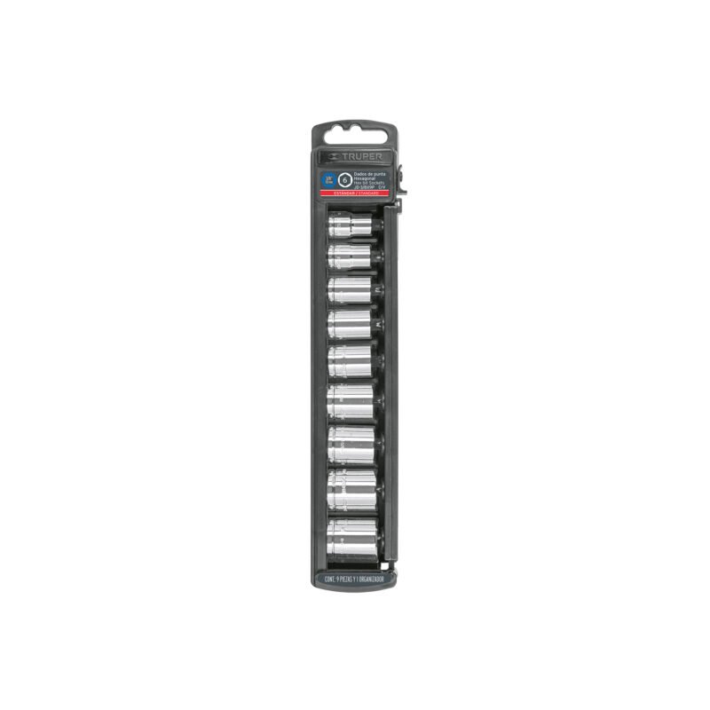 JD-3-8X9P.jpg Código: 13950 Juego de 9 dados cuadro 3/8' std, Truper JD-3-8X9P