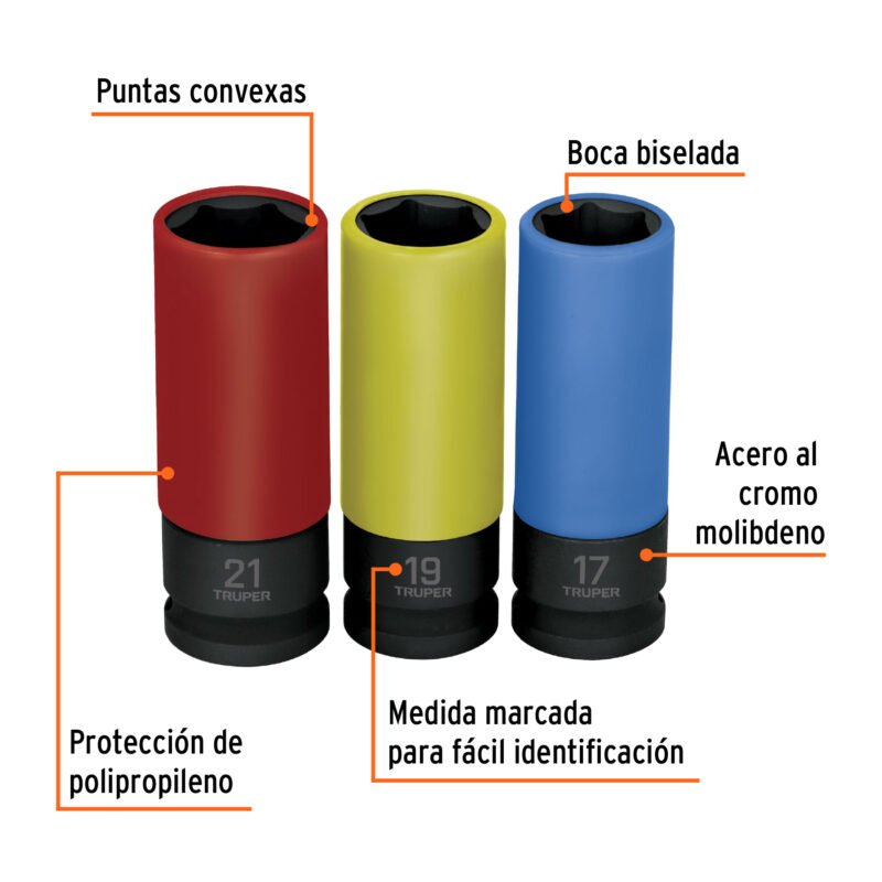 Código: 100942 Juego 3 dados largos 1/2' impacto protección plástica 6p mm JDI-1-2X3MP