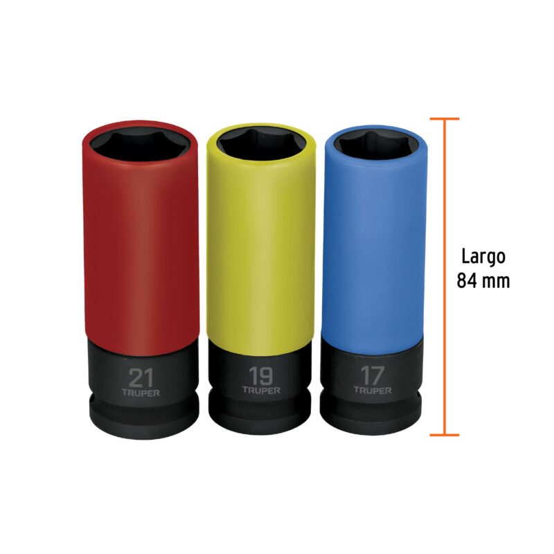 Código: 100942 Juego 3 dados largos 1/2' impacto protección plástica 6p mm JDI-1-2X3MP