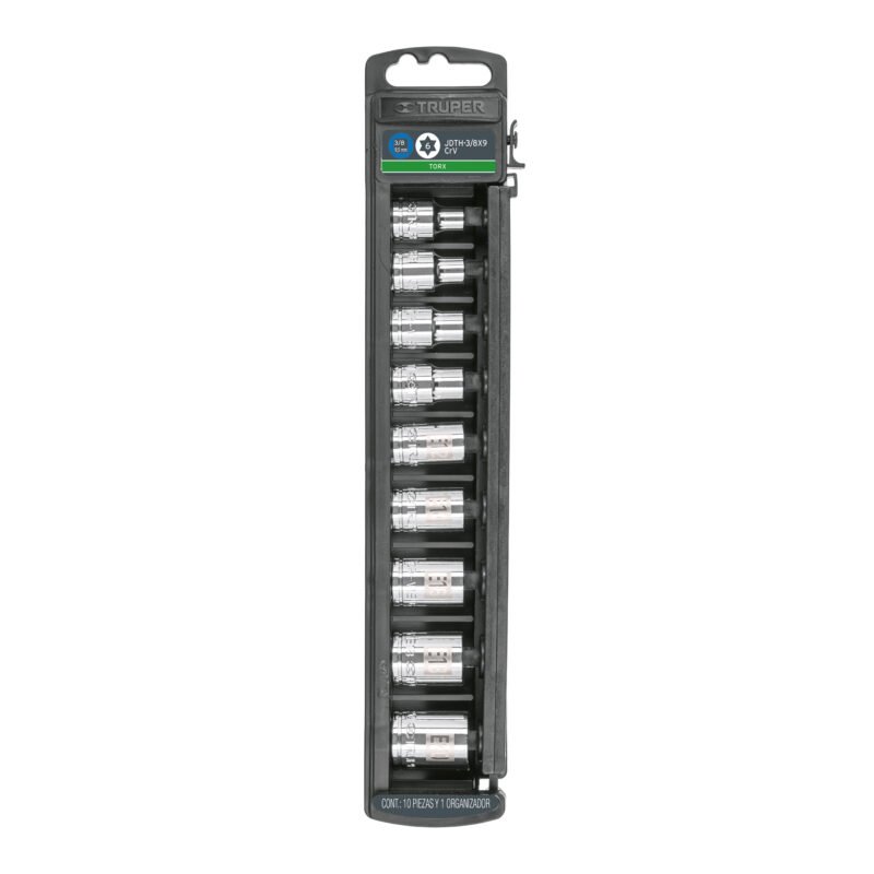 JDTH-3-8X9.jpg Código: 10025 Juego de 9 dados cuadro 3/8' torx, Truper JDTH-3-8X9