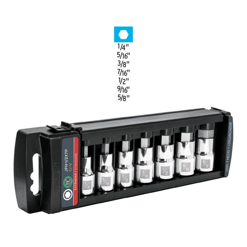 Código: 102239 Juego de 7 dados cuadro 1/2' punta hexagonal std, Truper JPH-1-2X7P