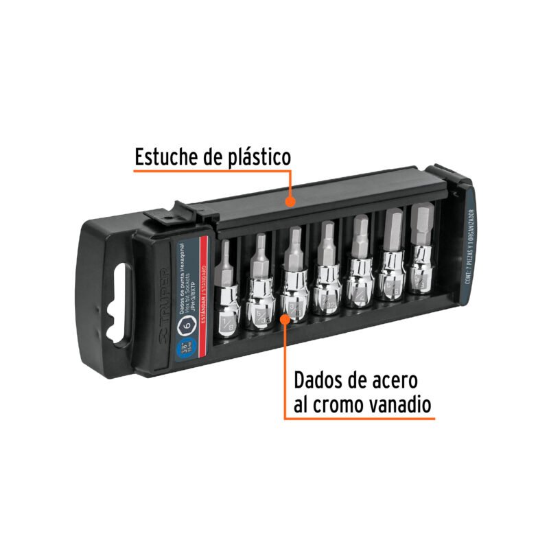 JPH-3-8X7PFC1.jpg Código: 14169 Juego de 7 dados punta hexagonal std, cuadro 3/8', Truper JPH-3-8X7P