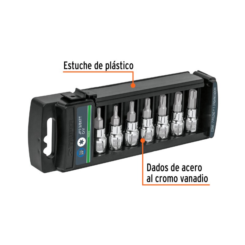 Código: 14171 Juego de 7 dados cuadro 3/8' punta torx, Truper JPT-3-8X7T