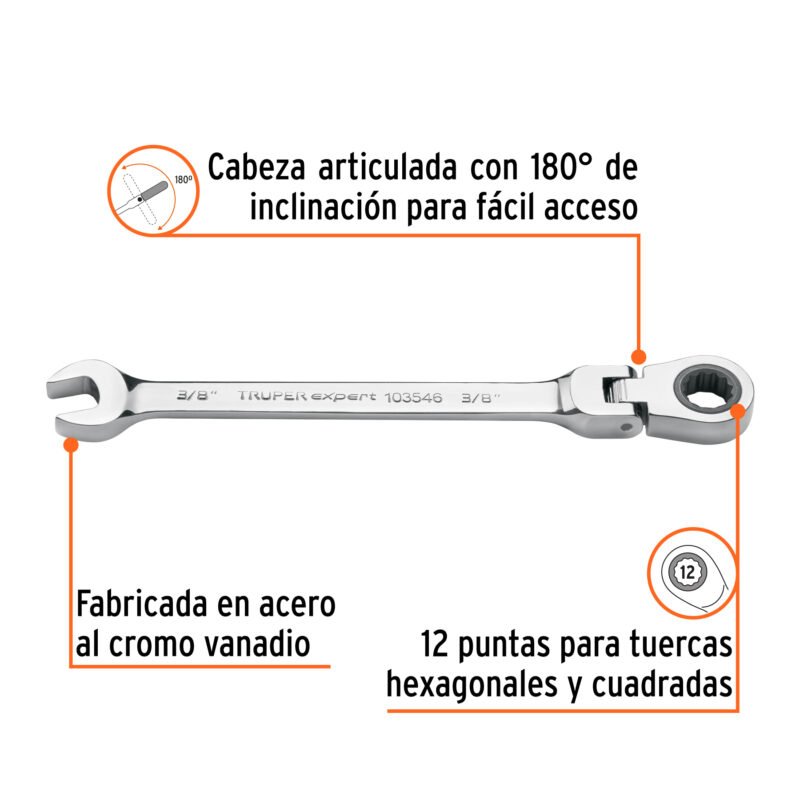 Código: 103546 Llave combinada con matraca 3/8' flexible, Expert LL-2012XF