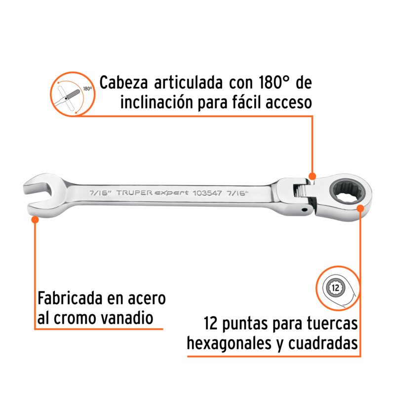Código: 103547 Llave combinada con matraca 7/16' flexible, Expert LL-2014XF
