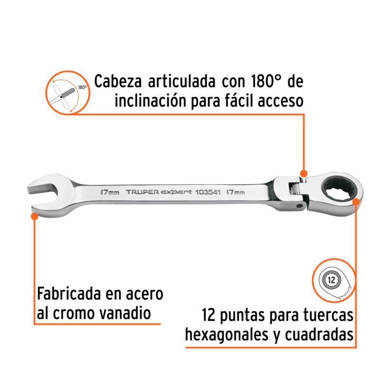 LL-2017MXFFC1.jpg Código: 103541 Llave combinada con matraca 17 mm flexible, Expert LL-2017MXF