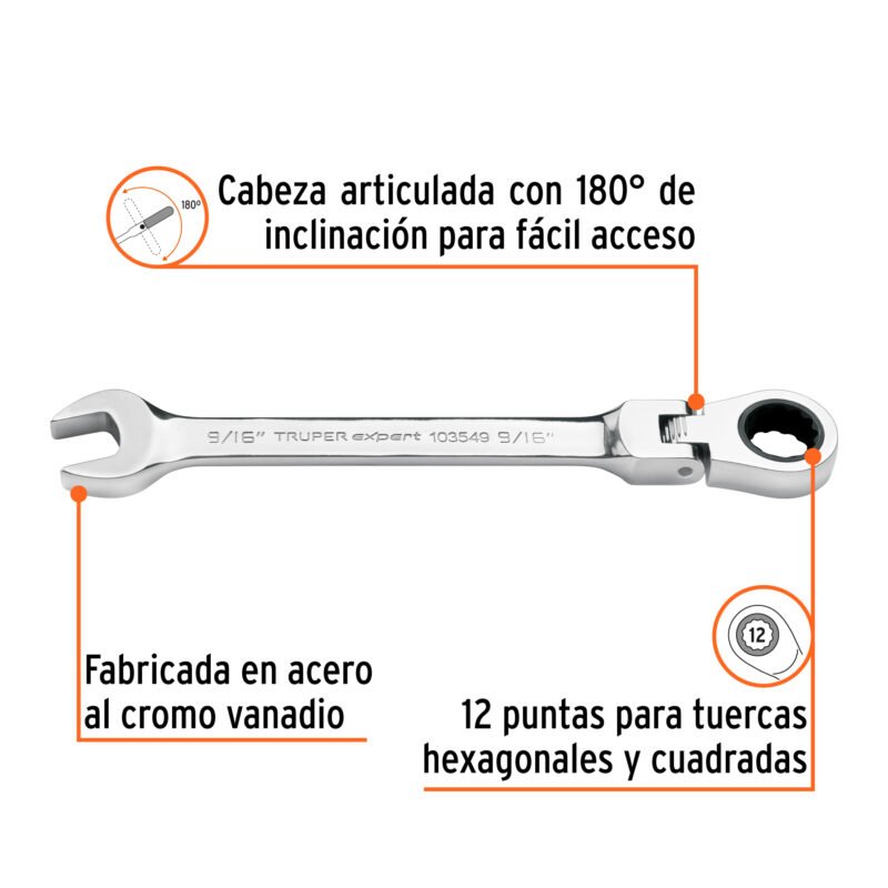 Código: 103549 Llave combinada con matraca 9/16' flexible, Expert LL-2018XF