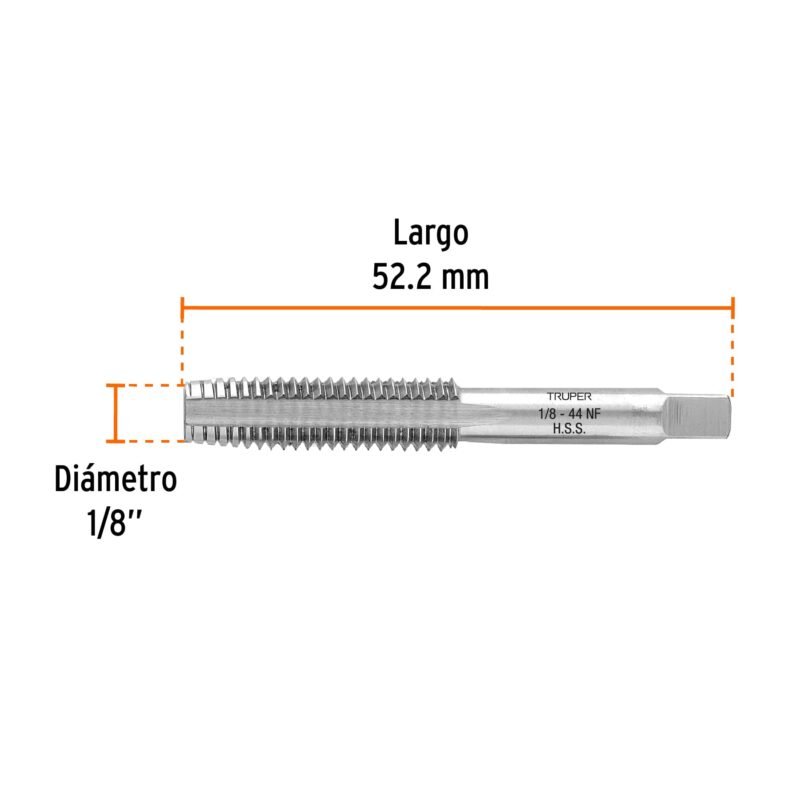 MT-1-8X44FC2.jpg Código: 11416 Machuelo semicónico 1/8' x 44 cuerda fina, Truper MT-1-8X44