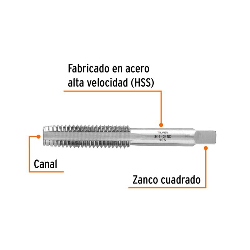 MT-3-16X24FC1.jpg Código: 11403 Machuelo semicónico 3/16' x 24 cuerda gruesa, Truper MT-3-16X24