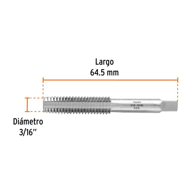 MT-3-16X24FC2.jpg Código: 11403 Machuelo semicónico 3/16' x 24 cuerda gruesa, Truper MT-3-16X24