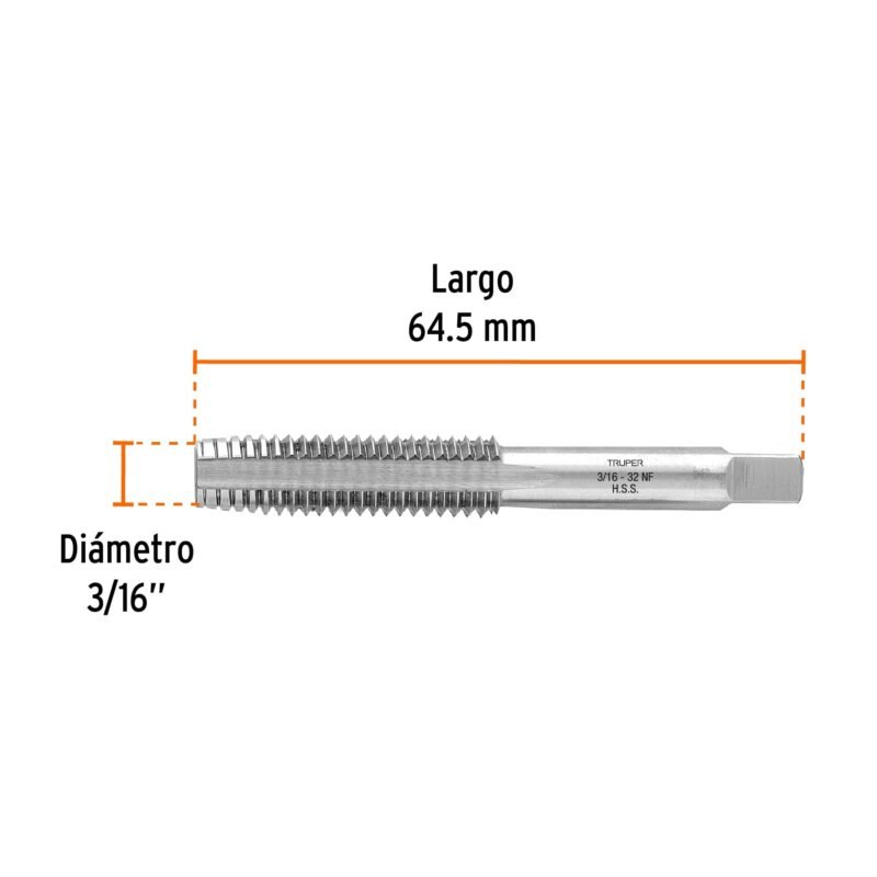 MT-3-16X32FC2.jpg Código: 11404 Machuelo semicónico 3/16' x 32 cuerda fina, Truper MT-3-16X32