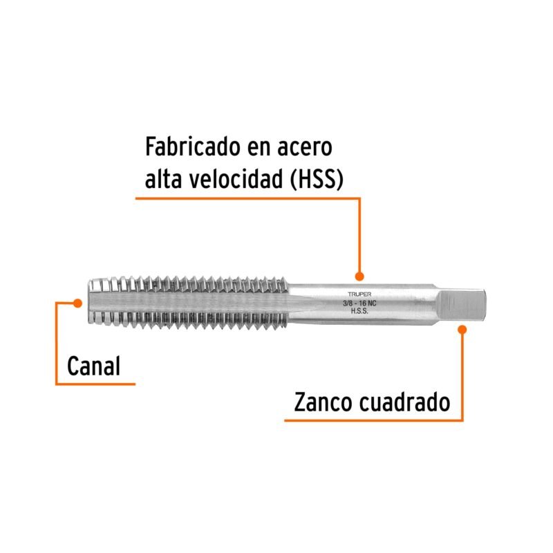 MT-3-8X16FC1.jpg Código: 11409 Machuelo semicónico 3/8' x 16 cuerda gruesa, Truper MT-3-8X16