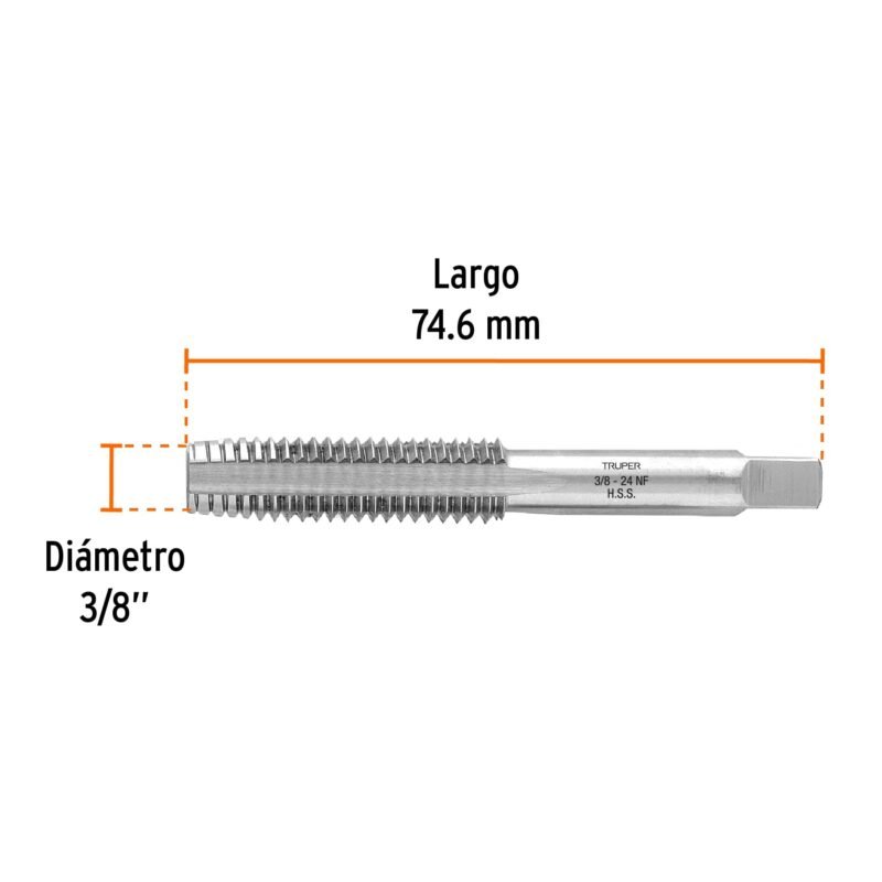MT-3-8X24FC2.jpg Código: 11410 Machuelo semicónico 3/8'x 24 cuerda fina, Truper MT-3-8X24