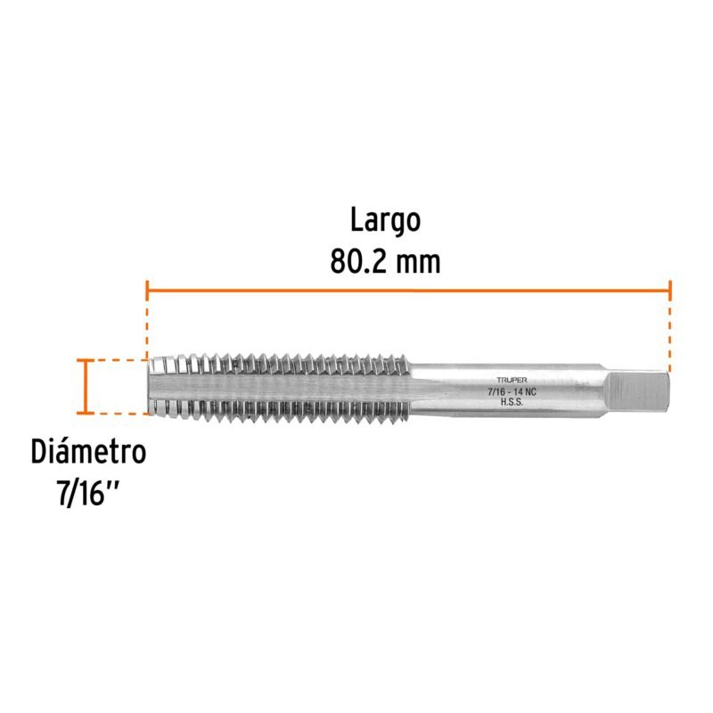MT-7-16X14FC2.jpg Código: 11411 Machuelo semicónico 7/16' x 14 cuerda gruesa, Truper MT-7-16X14