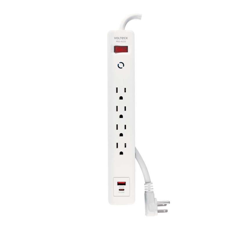 MUL-411U.jpg Código: 45664 Multicontacto 4 entradas, 1 USB A + 1 USB C, blanco, VOLTECK MUL-411U