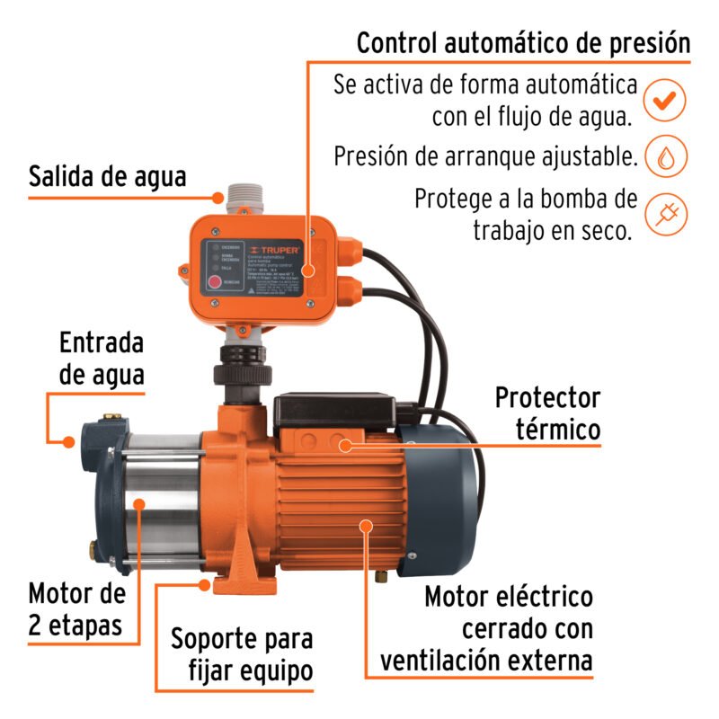 PREM-3-4FC2.jpg Código: 102385 Bomba presurizadora multietapas 3/4 HP con control, Truper PREM-3-4