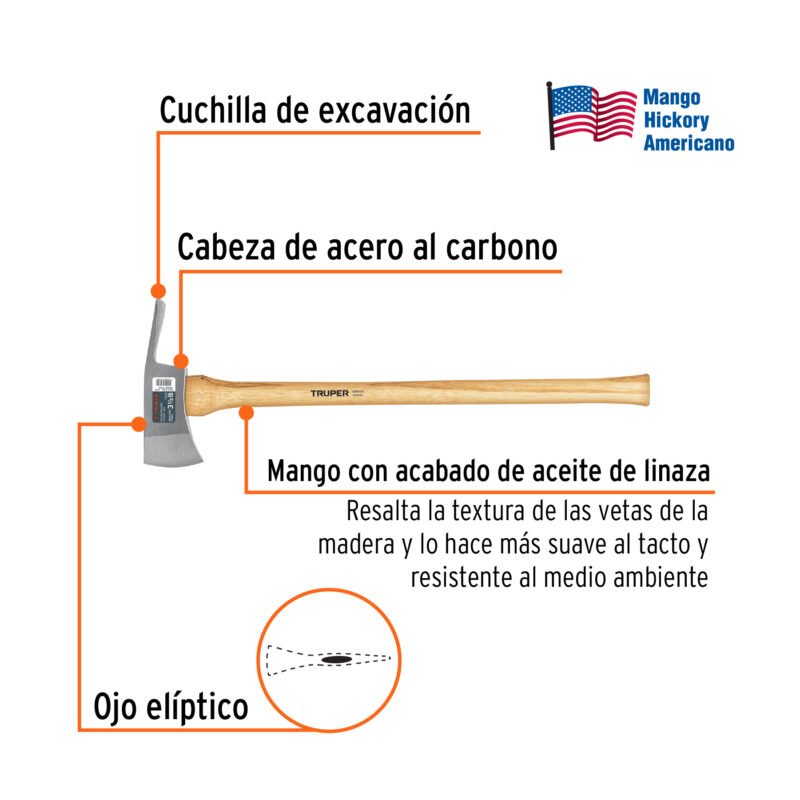 Código: 14966 Hacha Pulaski 3-1/2 lb, mango de hickory 35', Truper PU-3-1-2M
