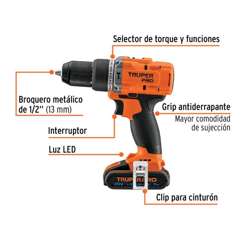 ROTI-20A2FC1.jpg Código: 103247 Rotomartillo 1/2', 20V, 1 batería 2Ah, PRO ROTI-20A2