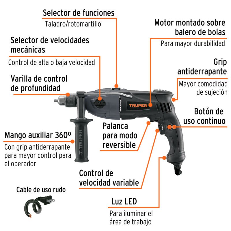ROTO-1-2NX2FC1.jpg Código: 16666 Rotomartillo 1/2', 1200W, TRUPER INDUSTRIAL ROTO-1-2NX2