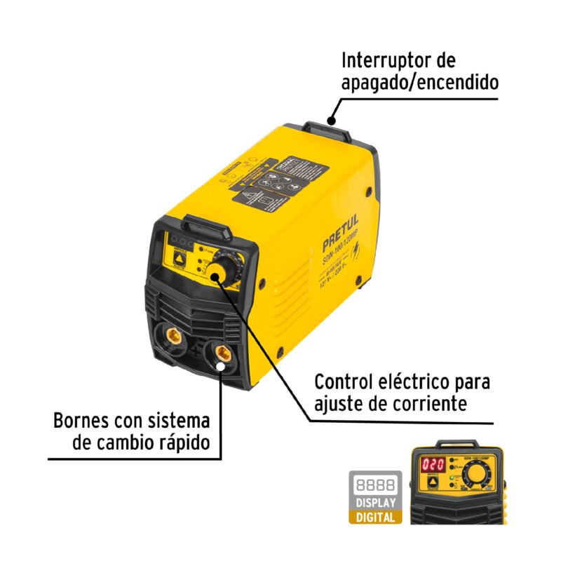 SOIN-100-120MPFC1.jpg Código: 28156 Mini soldadora inversora 130A, Bi-voltaje, 127/220V, PRETUL SOIN-100-120MP