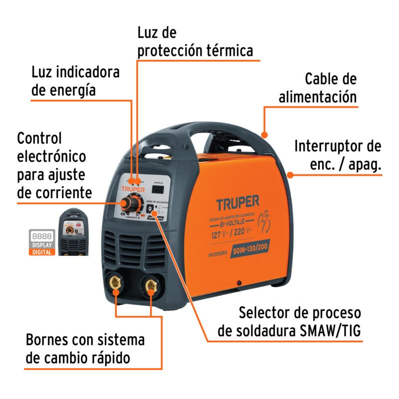 SOIN-130-200FC1.jpg Código: 16053 Soldadora inversora 200A, Bi-voltaje 127/220V, TRUPER SOIN-130-200