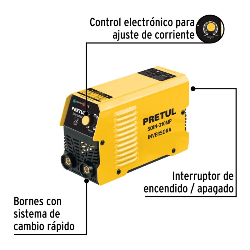SOIN-310MPFC1.jpg Código: 29017 Mini soldadora inversora 100A, Serie 300, 127V, PRETUL SOIN-310MP