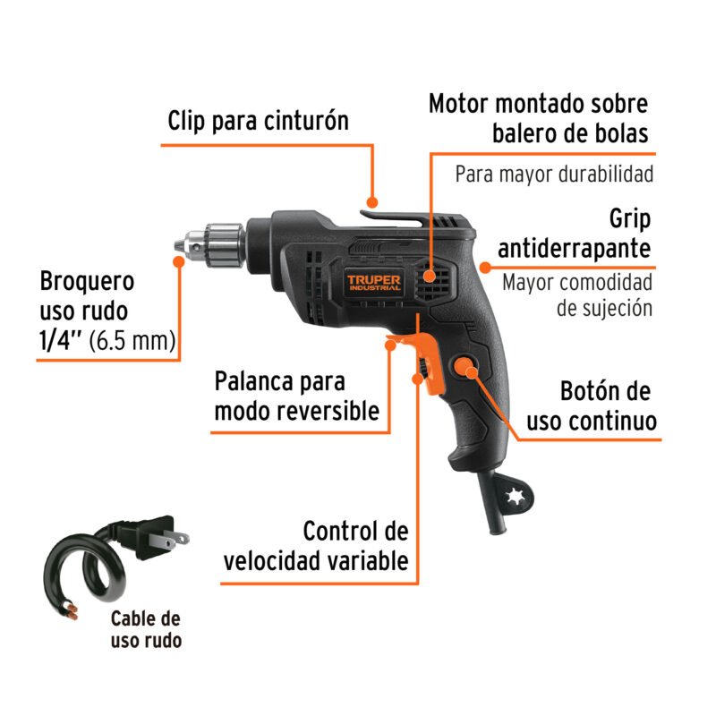 TAL-1-4NFC1.jpg Código: 103067 Taladro 1/4', 380W, TRUPER INDUSTRIAL TAL-1-4N