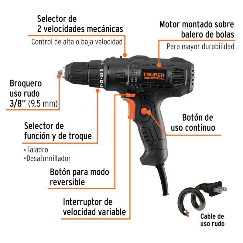 TALA-3-8NFC1.jpg Código: 103170 Taladro atornillador 3/8', 400W, TRUPER INDUSTRIAL TALA-3-8N