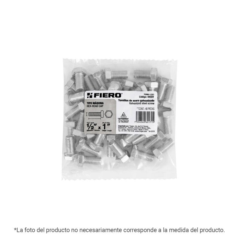 TORM-1-2X7.jpg Código: 40869 Bolsa con 8 tornillos 1/2' x 7' tipo máquina, Fiero TORM-1-2X7