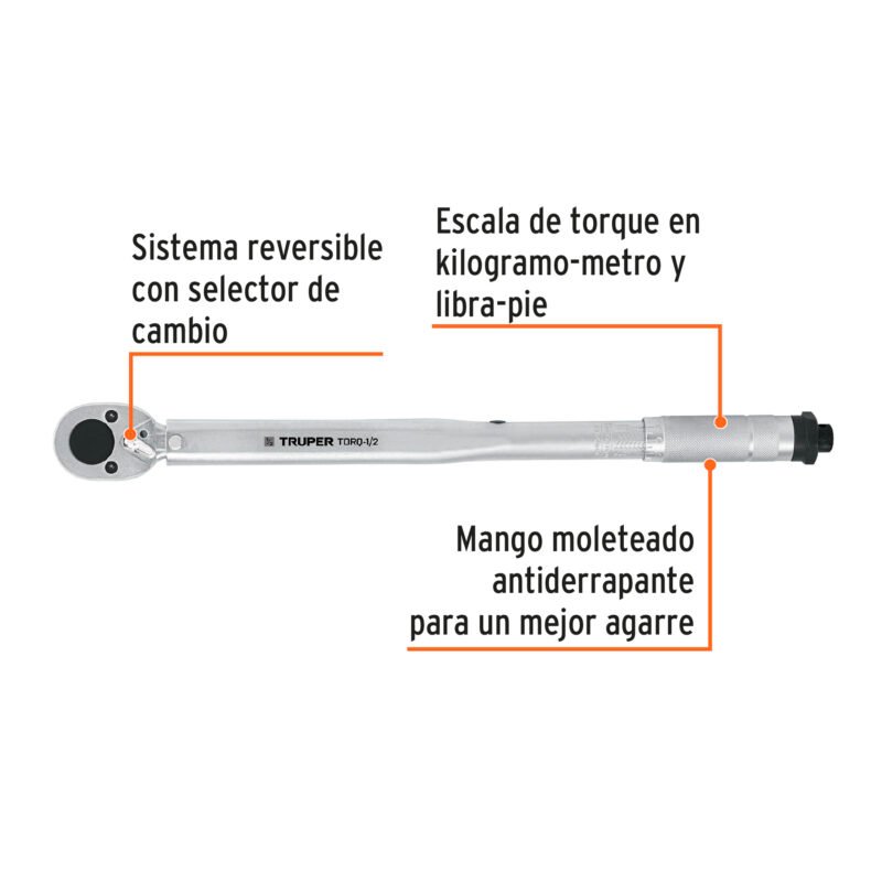 TORQ-1-2FC1.jpg Código: 13568 Torquímetro de trueno, dos lecturas, cuadro 1/2', Truper TORQ-1-2
