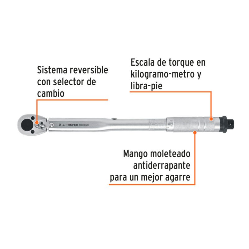 TORQ-3-8FC2.jpg Código: 13567 Torquímetro de trueno, dos lecturas, cuadro 3/8', Truper TORQ-3-8