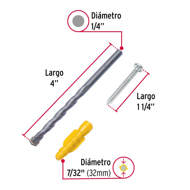 TQ-7-32JFC2.jpg Código: 40759 Kit de 20 taquetes 7/32' con pijas #8 y 1 broca 1/4', Fiero TQ-7-32J