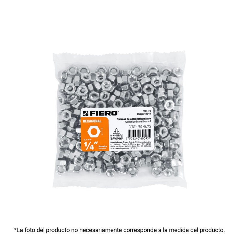TUE-1.jpg Código: 40979 Bolsa con 6 tuercas 1' hexagonales de acero galvanizado TUE-1