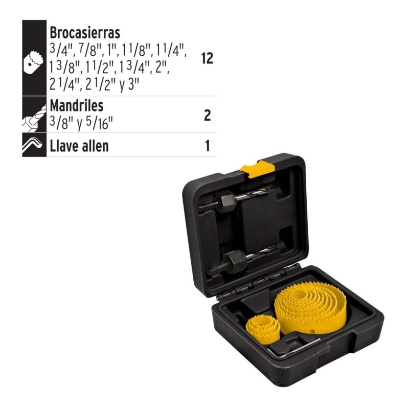 KIT-14P+D1 Código: 26037 Juego de 12 brocasierras, 2 mandriles y llave allen, Pretul