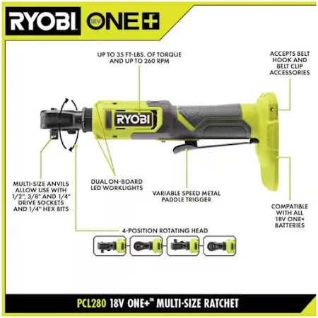 T4 Codigo:PCL280B Ryobi One+ Pcl280b Trinquete Inalámbrico de 18 V