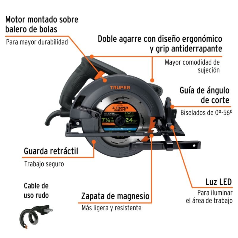 6871b57157da6b95a3ae5bac.jpg Código: 11779 Sierra circular 7-1/4', 1800W, TRUPER INDUSTRIAL SICI-7-1-4N4