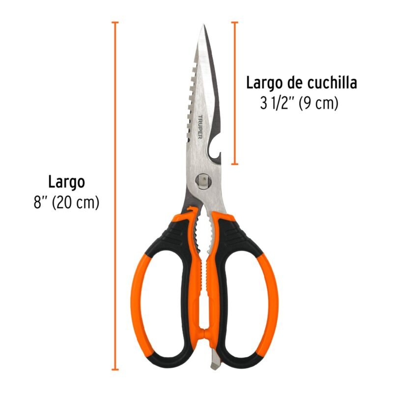 6871b99557da6b95a3aefab9.jpg Código: 100449 Tijera 8' multiusos de acero inox, para cocina, TRUPER TIC-8